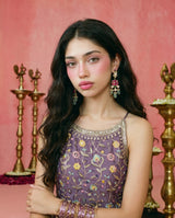 Lavender Embriodered Silk Blended Spaghetti Strap Kurta Bottom Dupatta Set