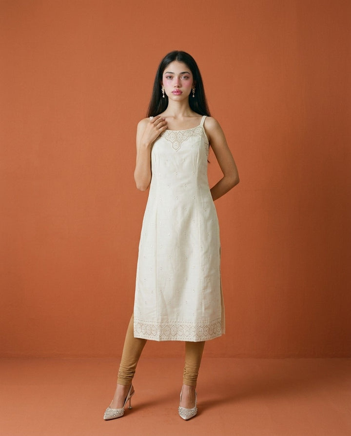 Off White Embroidered Viscose Blended Spaghetti Strap Straight Cut Long Kurta