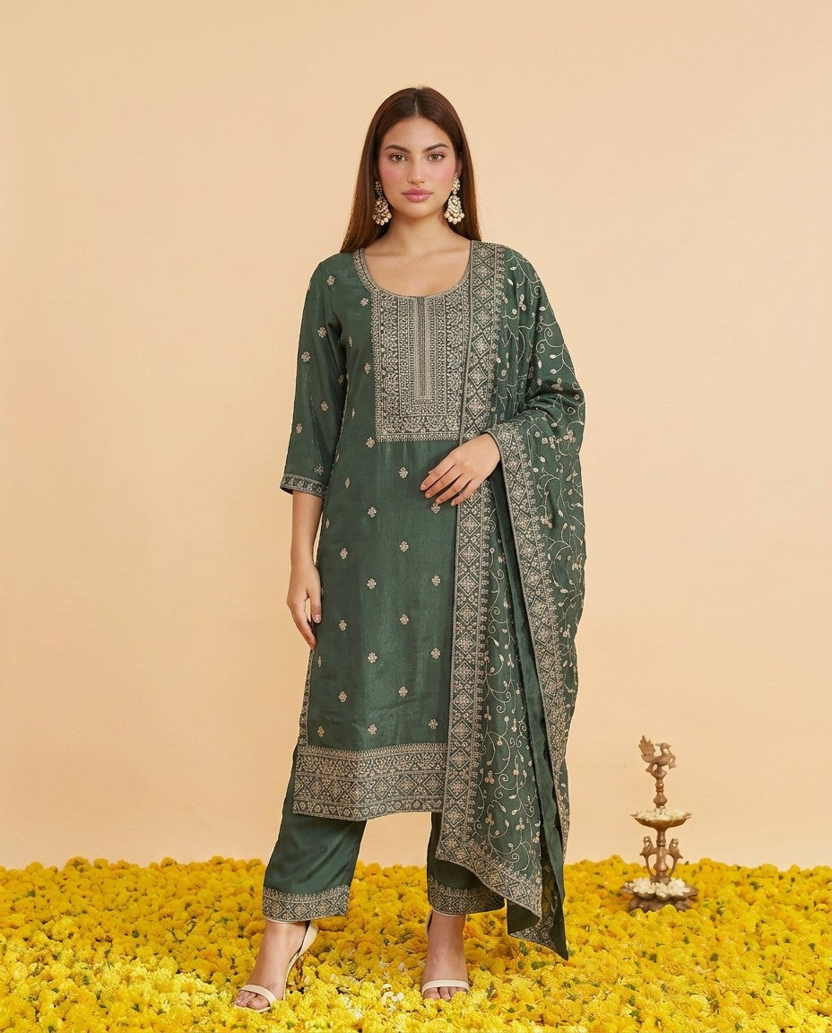 Pista Embriodered Silk Blended Kurta Bottom Dupatta Set