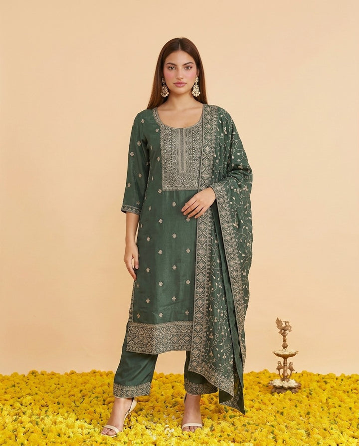 Pista Embriodered Silk Blended Kurta Bottom Dupatta Set