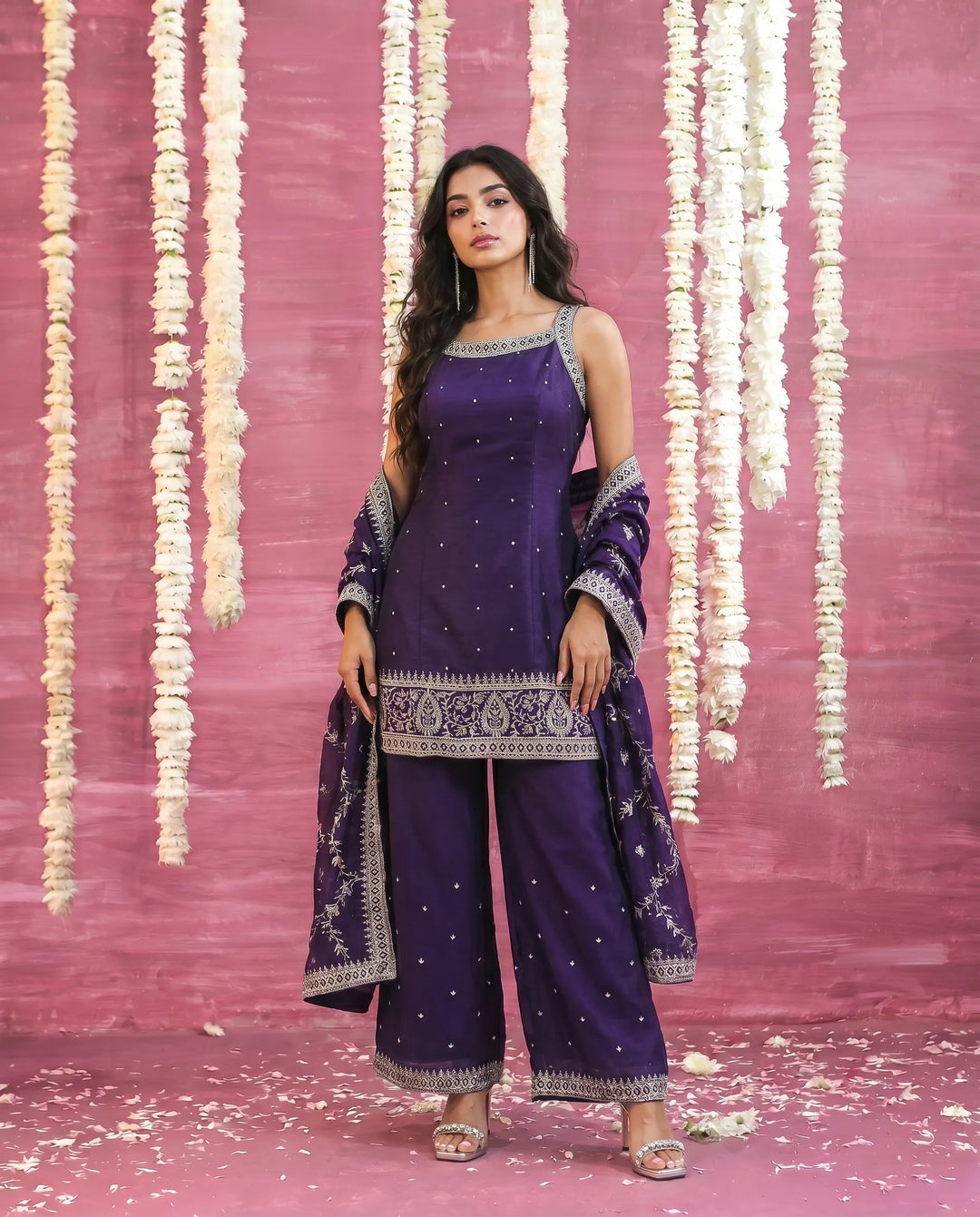 Purple Embriodered Silk Blended Sleeveless Kurta Bottom Dupatta Set