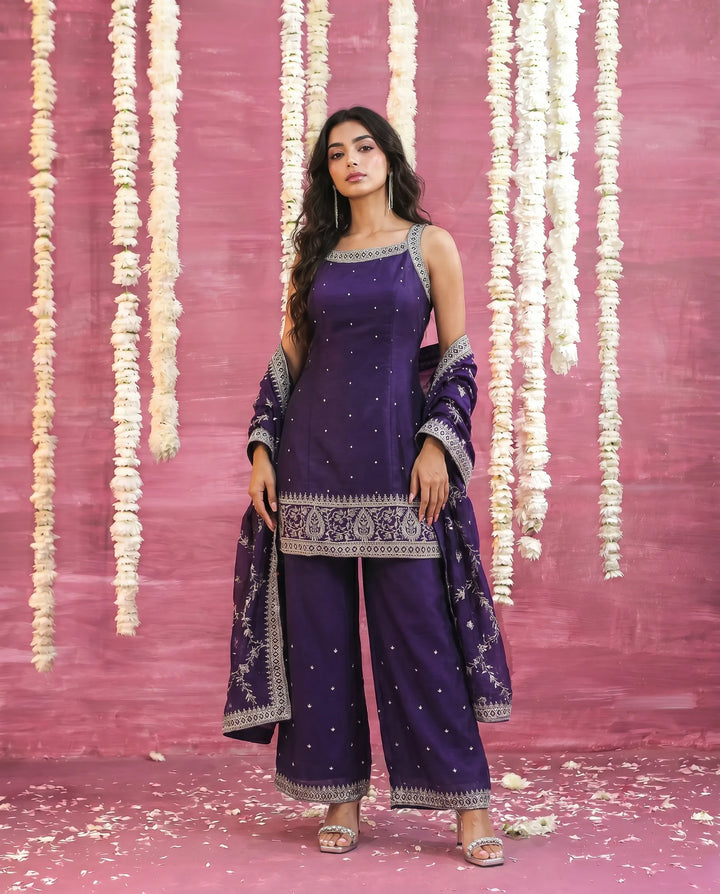 Purple Embriodered Silk Blended Sleeveless Kurta Bottom Dupatta Set