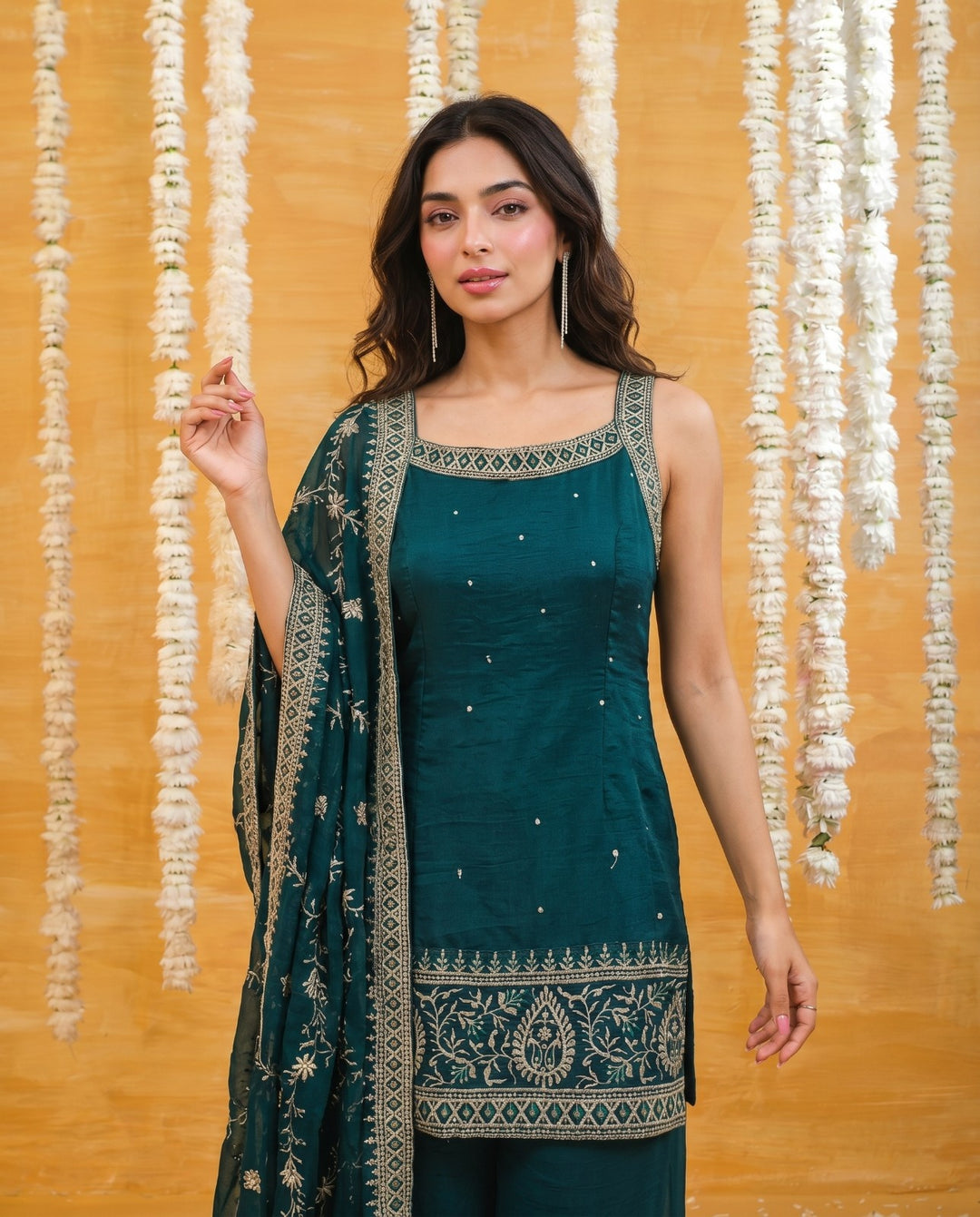Bottle Green Embriodered Silk Blended Sleeveless Kurta Bottom Dupatta Set