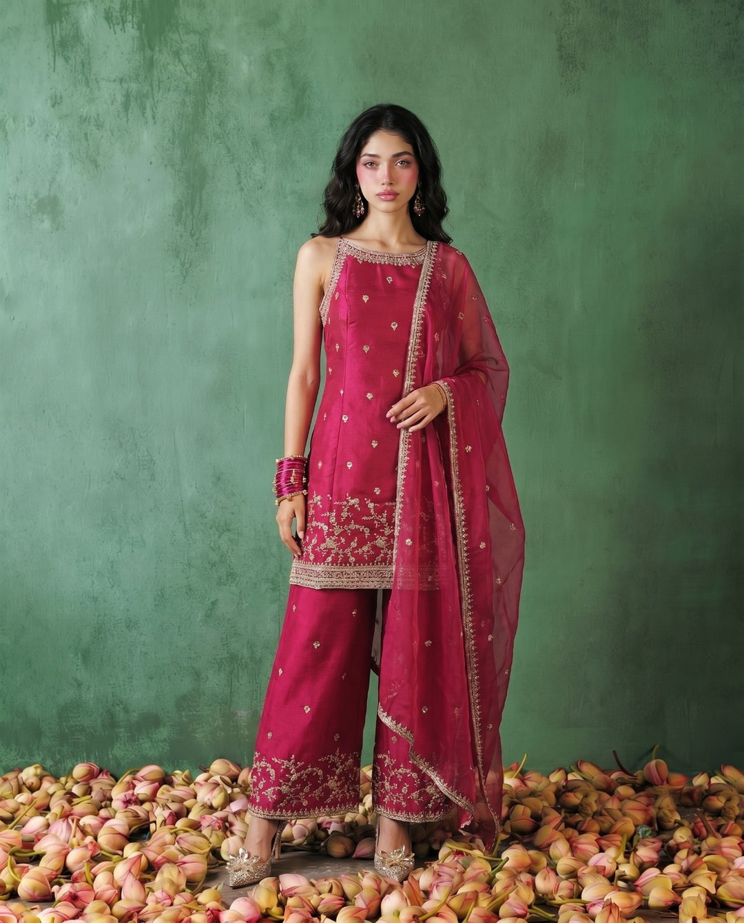 Magenta Embriodered Silk Blended Spaghetti Strap Kurta Bottom Dupatta Set