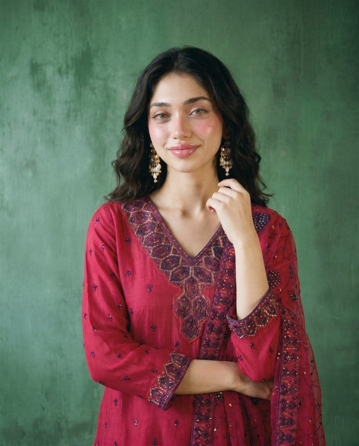 Magenta Embriodered Silk Blended Kurta Bottom Dupatta Set