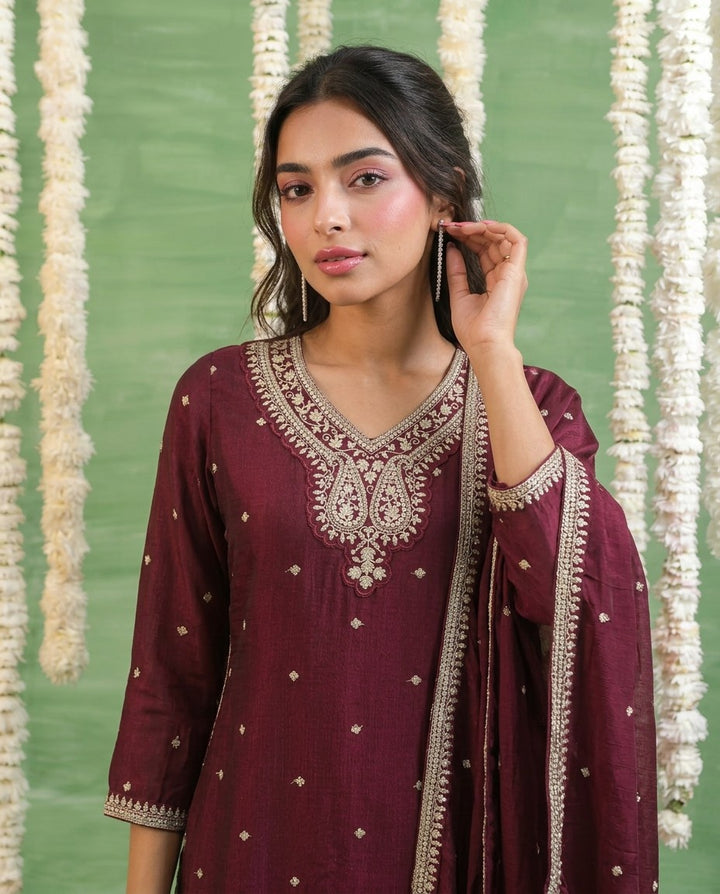Wine Embriodered Silk Blended Kurta Bottom Dupatta Set