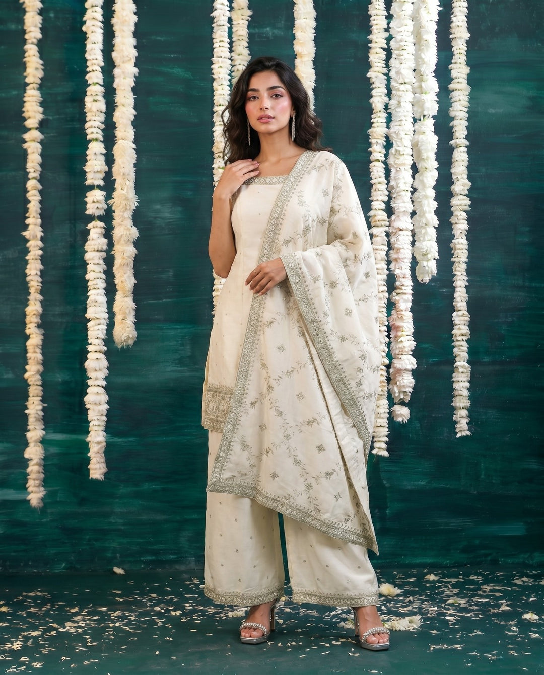 White Embriodered Silk Blended Sleeveless Kurta Bottom Dupatta Set