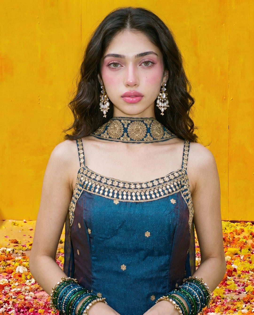 Navy Embriodered Silk Blended Spaghetti Strap Kurta Bottom Dupatta Set