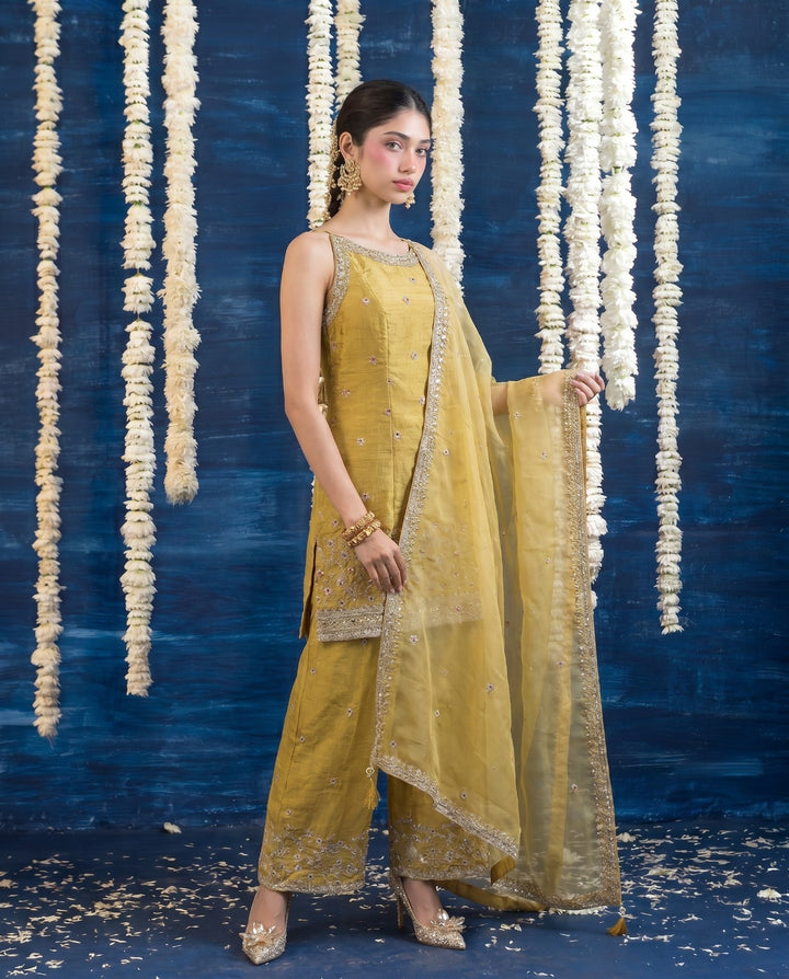 Yellow Embriodered Silk Blended Spaghetti Strap Kurta Bottom Dupatta Set