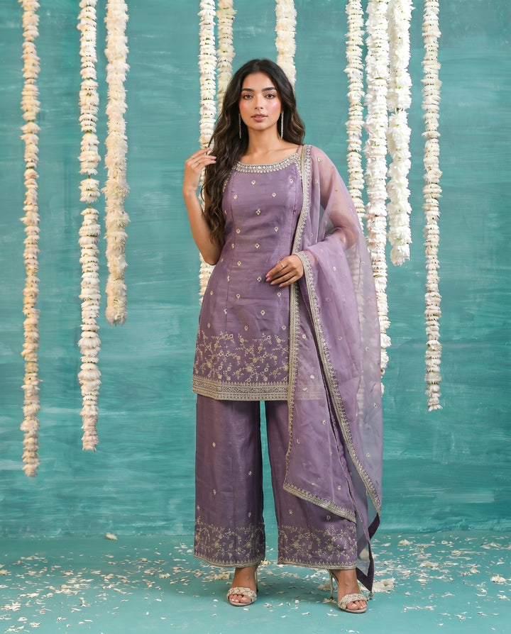 Purple Embriodered Silk Blended Spaghetti Strap Kurta Bottom Dupatta Set
