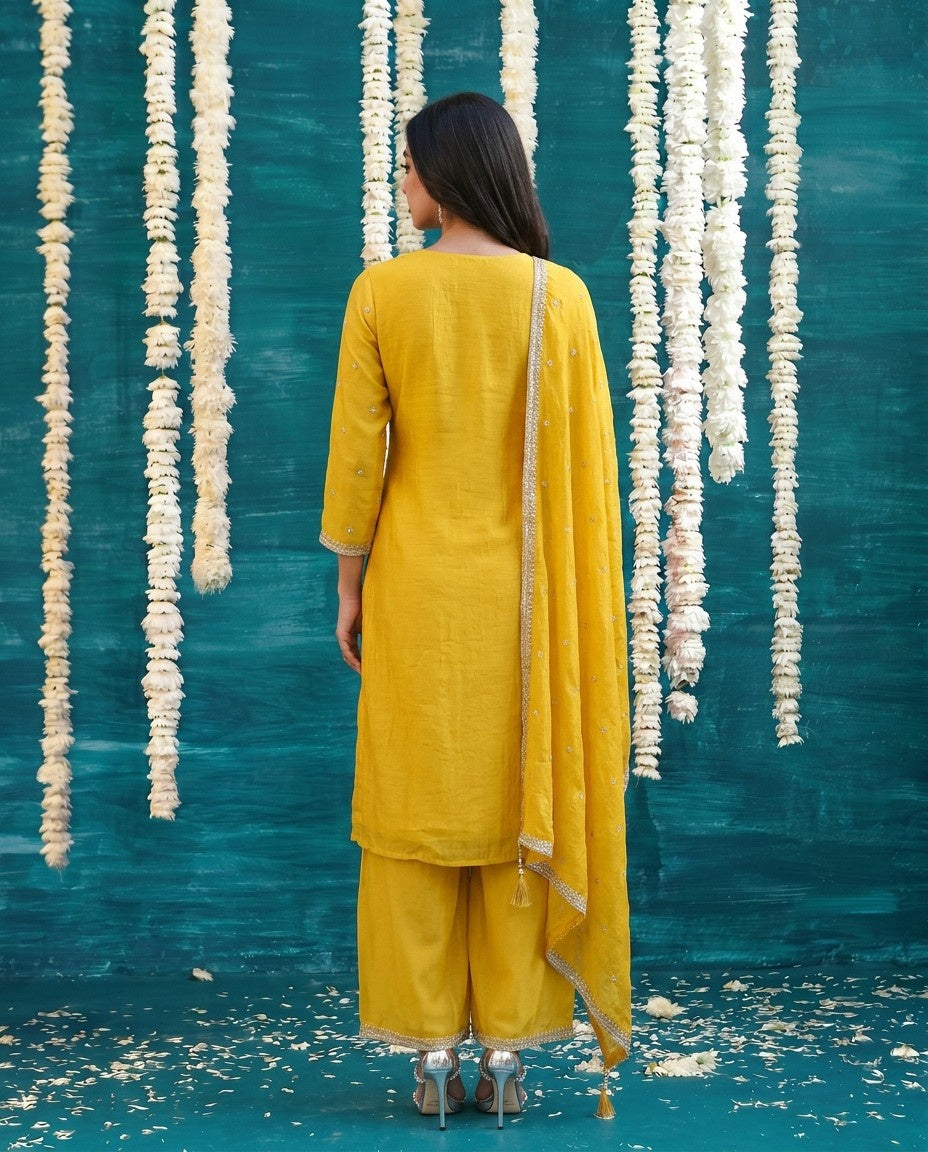 Yellow Embriodered Silk Blended Kurta Bottom Dupatta Set