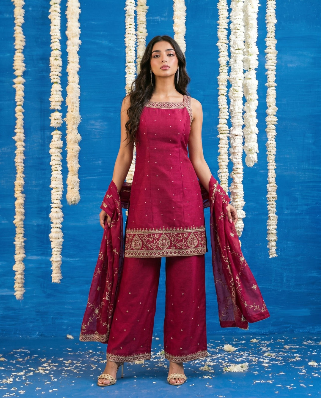 Magenta Embriodered Silk Blended Sleeveless Kurta Bottom Dupatta Set