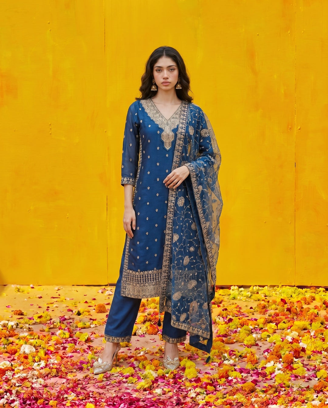 Blue Embriodered Silk Blended Kurta Bottom Dupatta Set