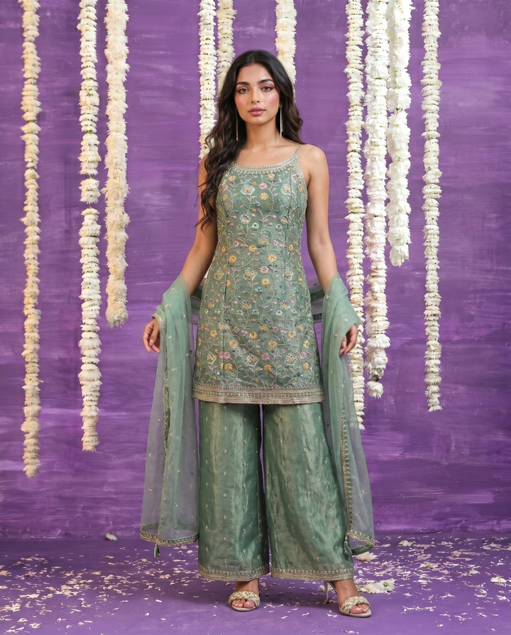 Sea Green Embriodered Silk Blended Spaghetti Strap Kurta Bottom Dupatta Set