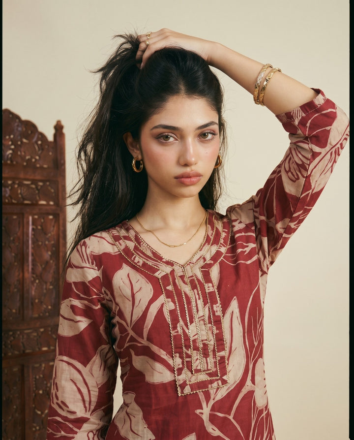 Magenta Printed Chanderi Kurta Bottom Dupatta Set
