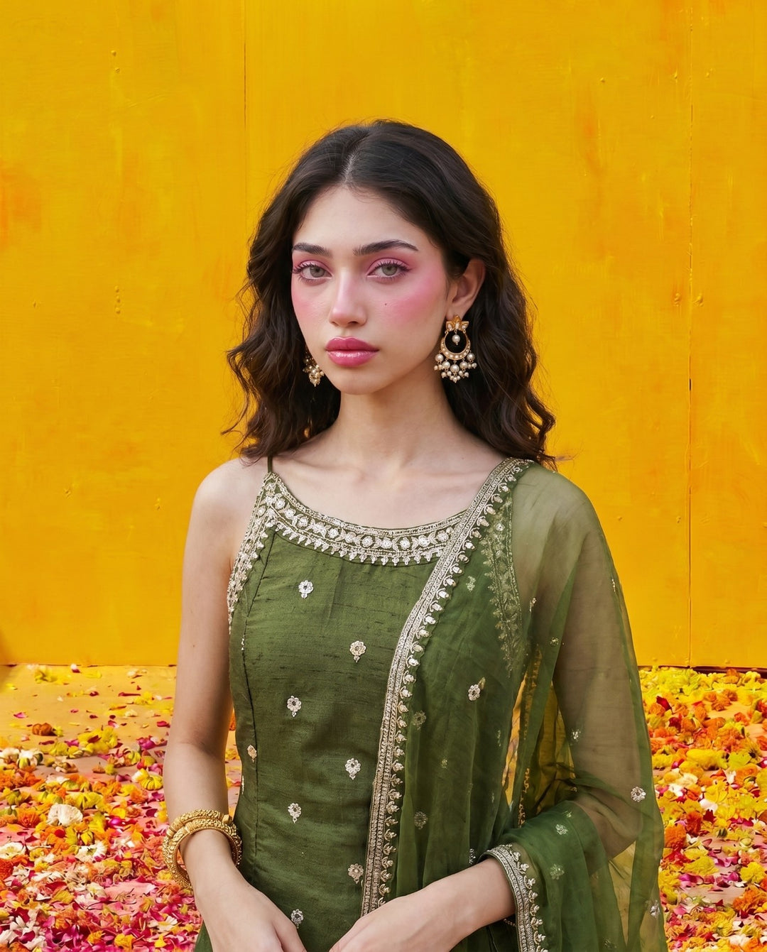 Green Embriodered Silk Blended Spaghetti Strap Kurta Bottom Dupatta Set