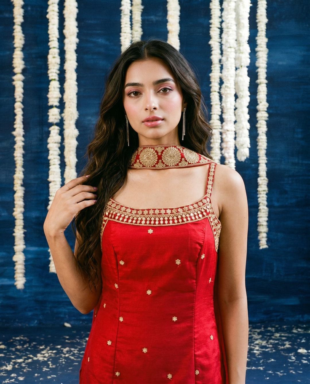 Red Embriodered Silk Blended Spaghetti Strap Kurta Bottom Dupatta Set