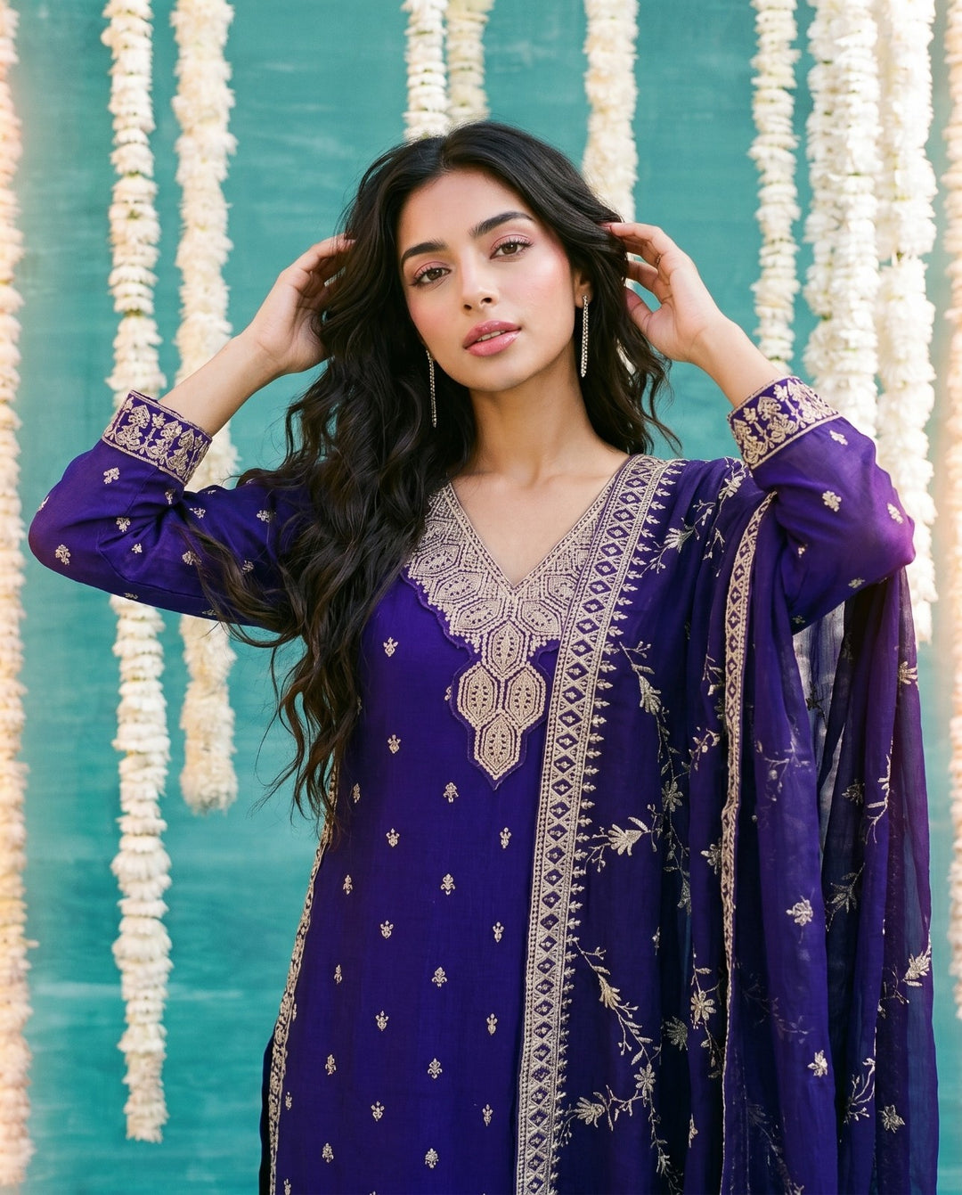 Purple Embriodered Silk Blended Kurta Bottom Dupatta Set