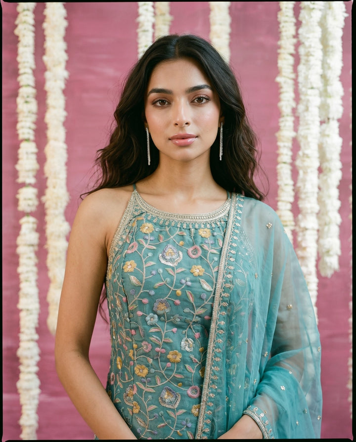 Turquoise Embriodered Silk Blended Spaghetti Strap Kurta Bottom Dupatta Set