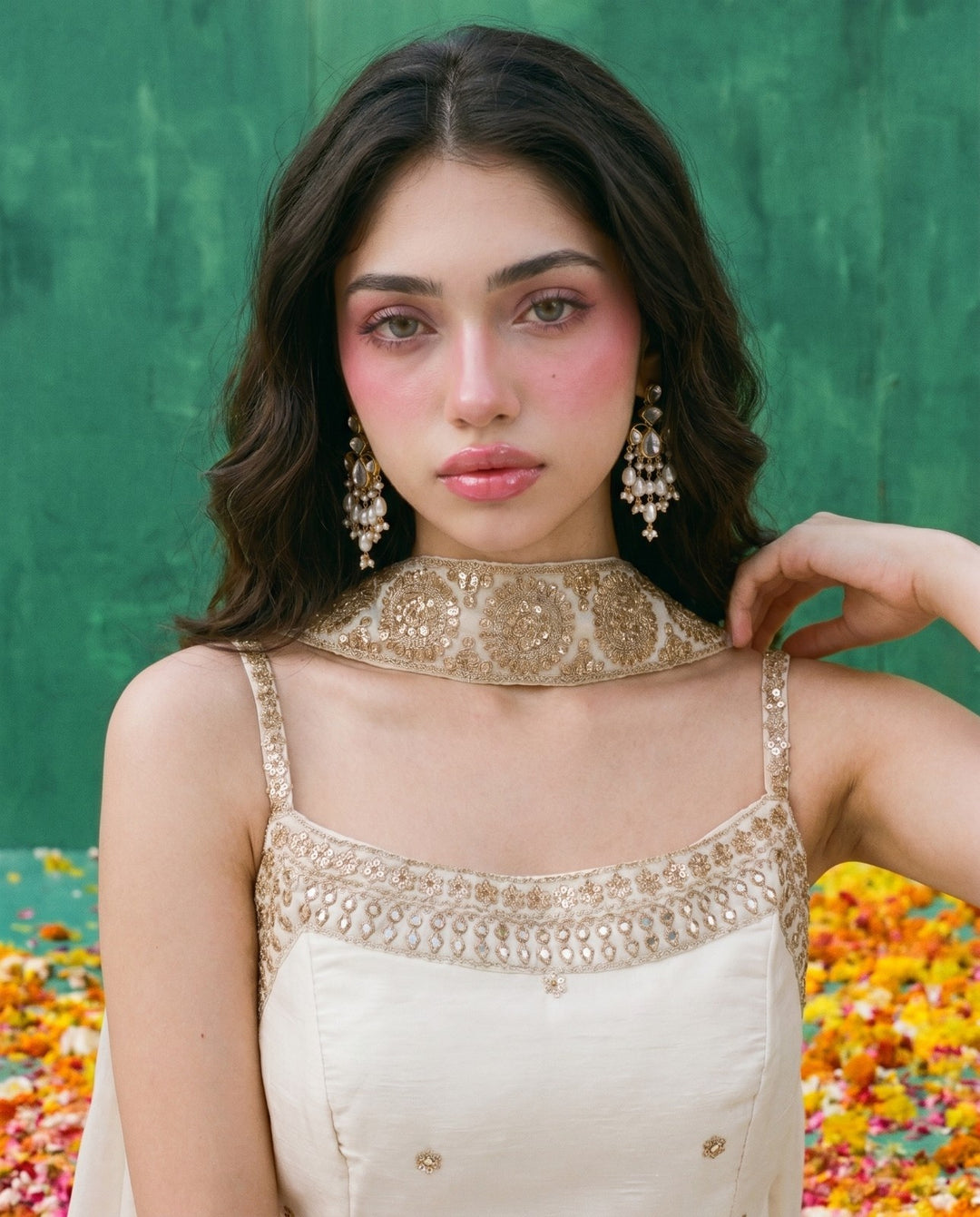 White Embriodered Silk Blended Spaghetti Strap Kurta Bottom Dupatta Set