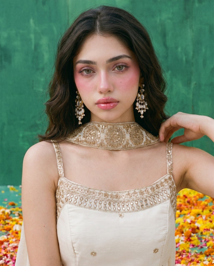 White Embriodered Silk Blended Spaghetti Strap Kurta Bottom Dupatta Set