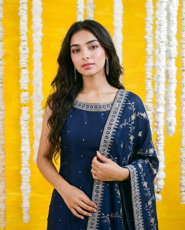 Navy Embriodered Silk Blended Sleeveless Kurta Bottom Dupatta Set