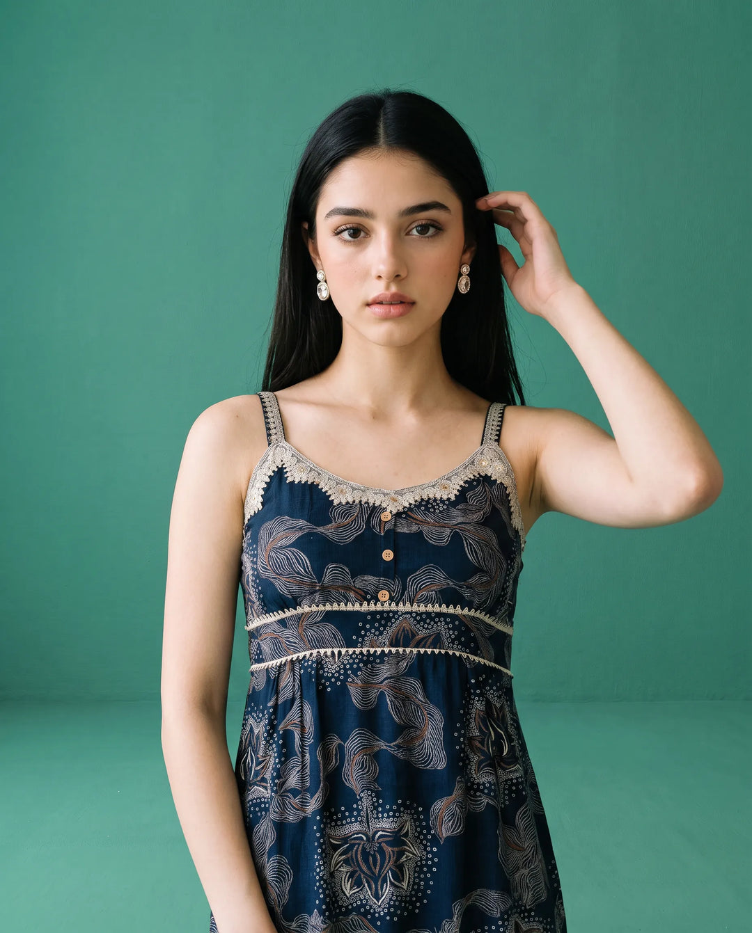 Navy Printed Viscose Blended Spaghetti Strap Straight Cut Long Kurta