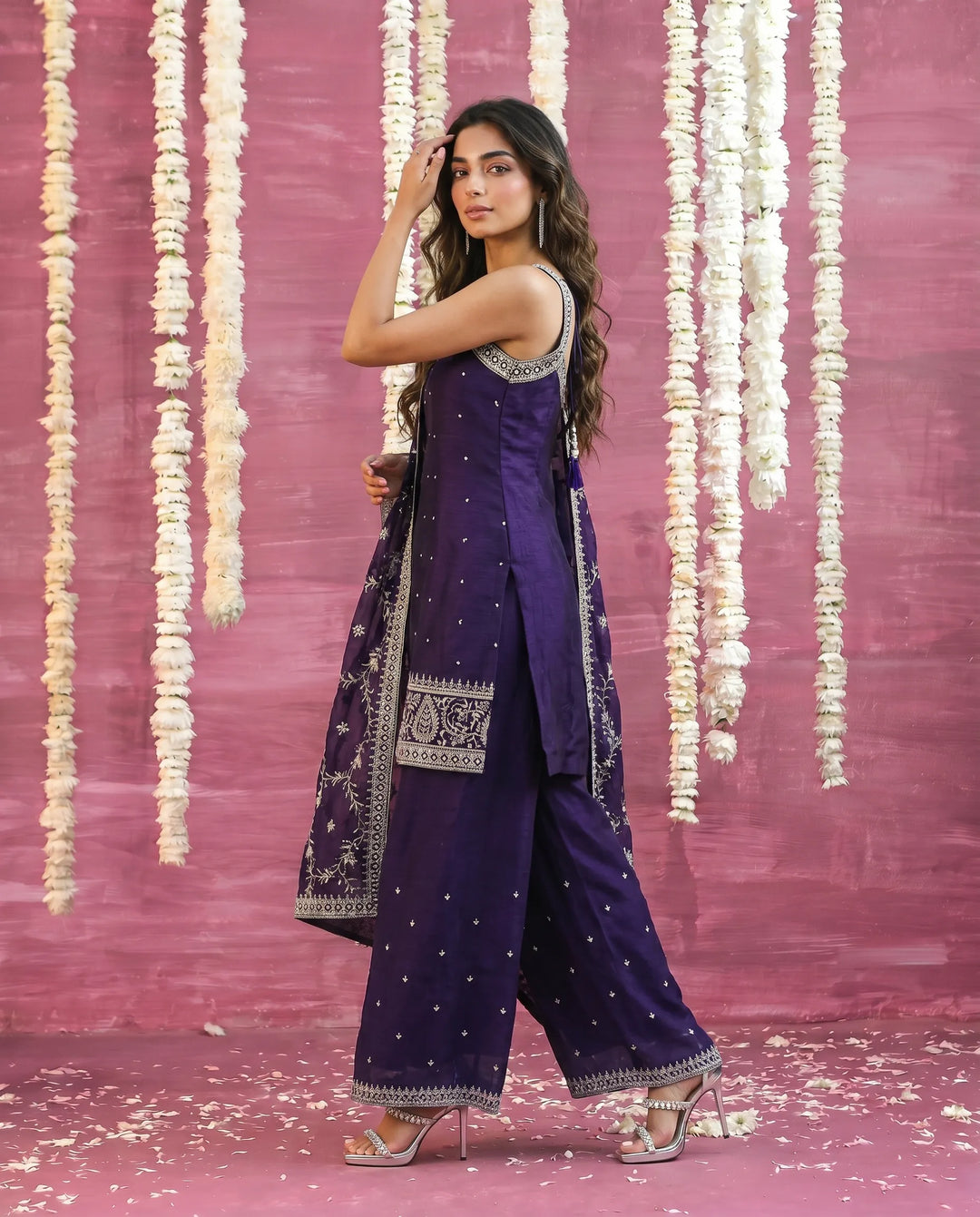 Purple Embriodered Silk Blended Sleeveless Kurta Bottom Dupatta Set