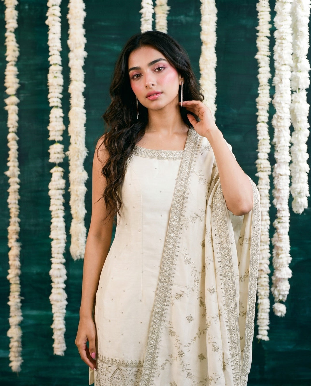 White Embriodered Silk Blended Sleeveless Kurta Bottom Dupatta Set