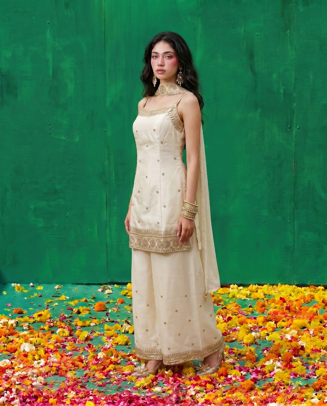 White Embriodered Silk Blended Spaghetti Strap Kurta Bottom Dupatta Set