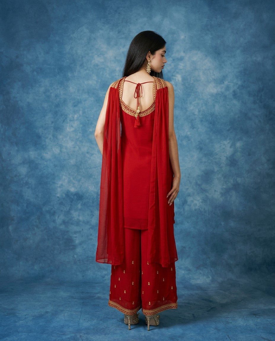 Red Embroidered Silk Blended Kurta Bottom Dupatta Set