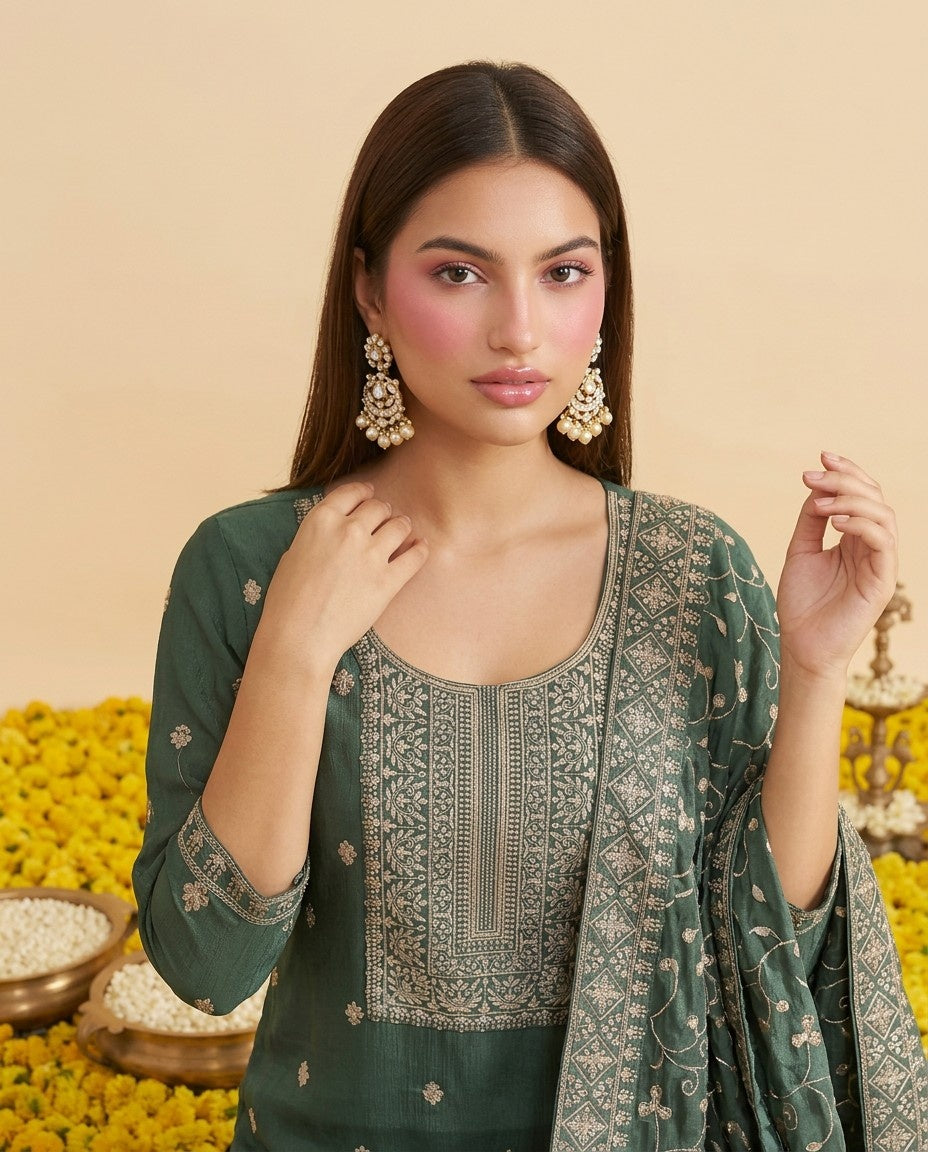 Pista Embriodered Silk Blended Kurta Bottom Dupatta Set