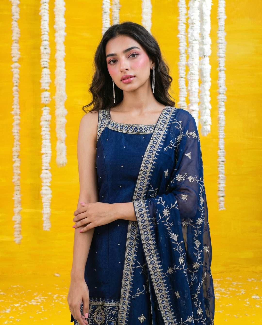 Navy Embriodered Silk Blended Sleeveless Kurta Bottom Dupatta Set