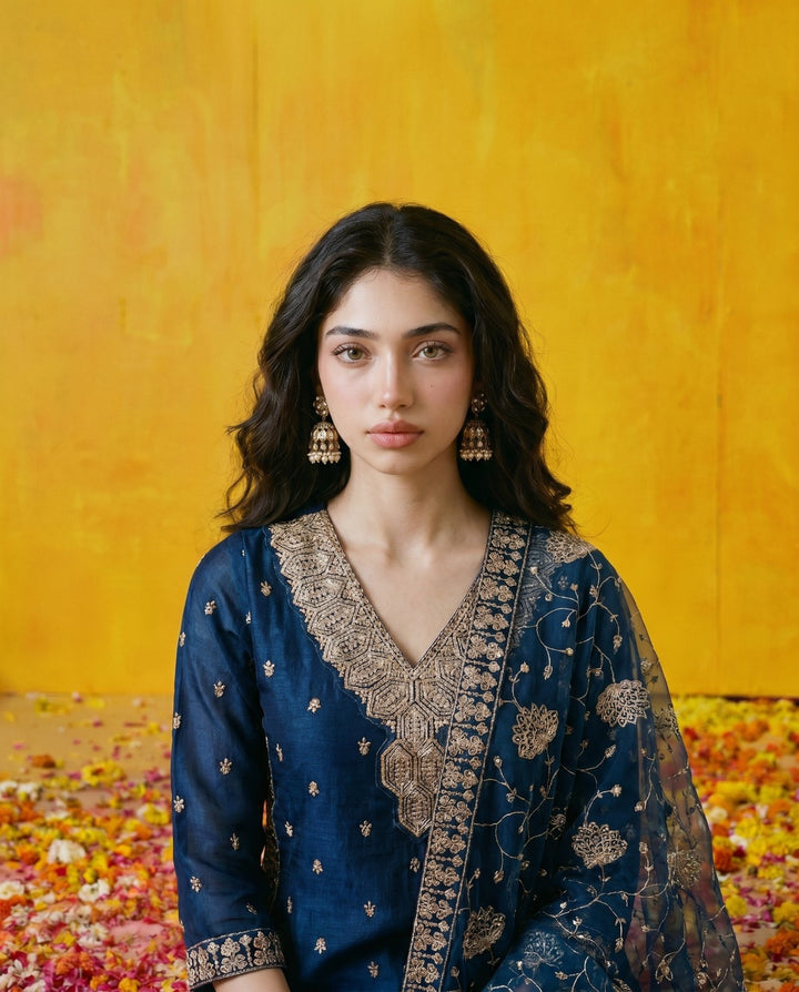 Blue Embriodered Silk Blended Kurta Bottom Dupatta Set