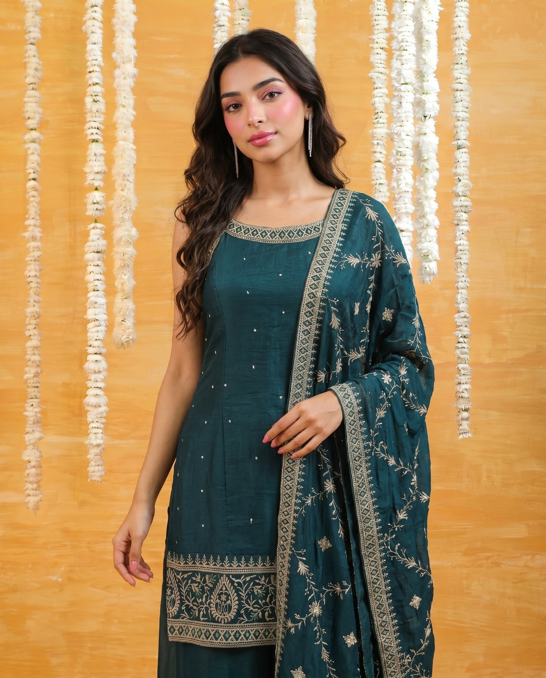 Bottle Green Embriodered Silk Blended Sleeveless Kurta Bottom Dupatta Set