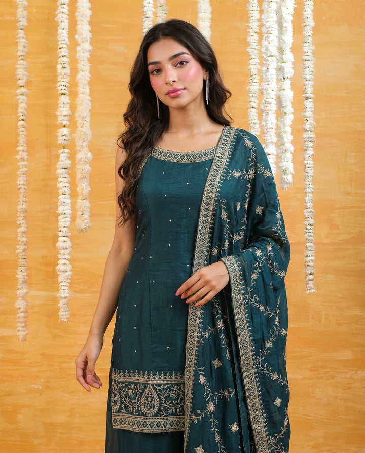 Bottle Green Embriodered Silk Blended Sleeveless Kurta Bottom Dupatta Set