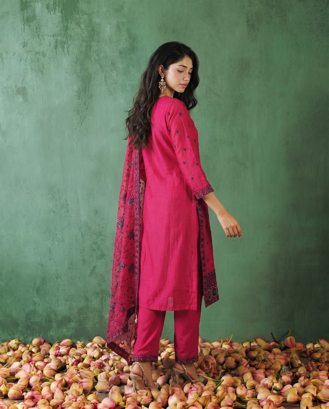 Magenta Embriodered Silk Blended Kurta Bottom Dupatta Set