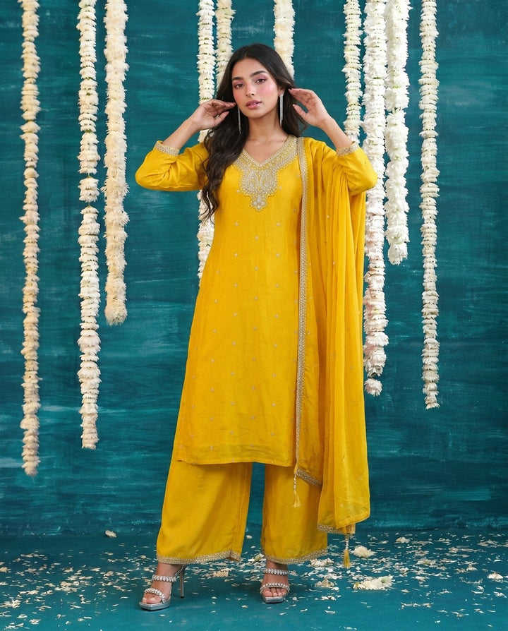 Yellow Embriodered Silk Blended Kurta Bottom Dupatta Set