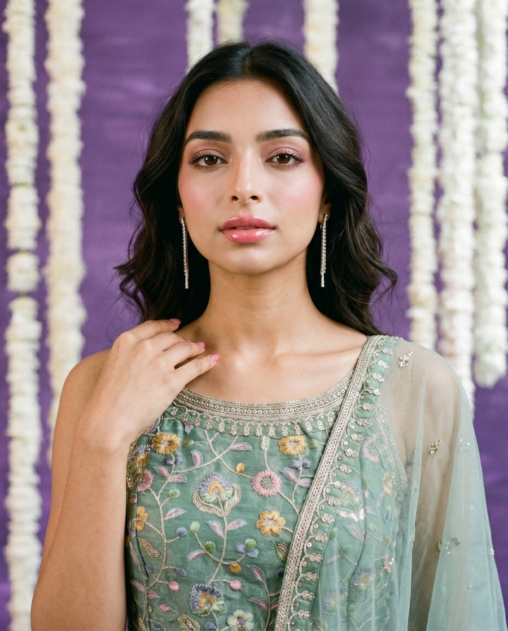 Sea Green Embriodered Silk Blended Spaghetti Strap Kurta Bottom Dupatta Set