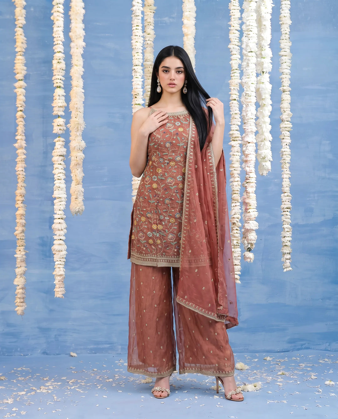 Pink Embroidered Silk Blended Spaghetti Strap Kurta Bottom Dupatta Set