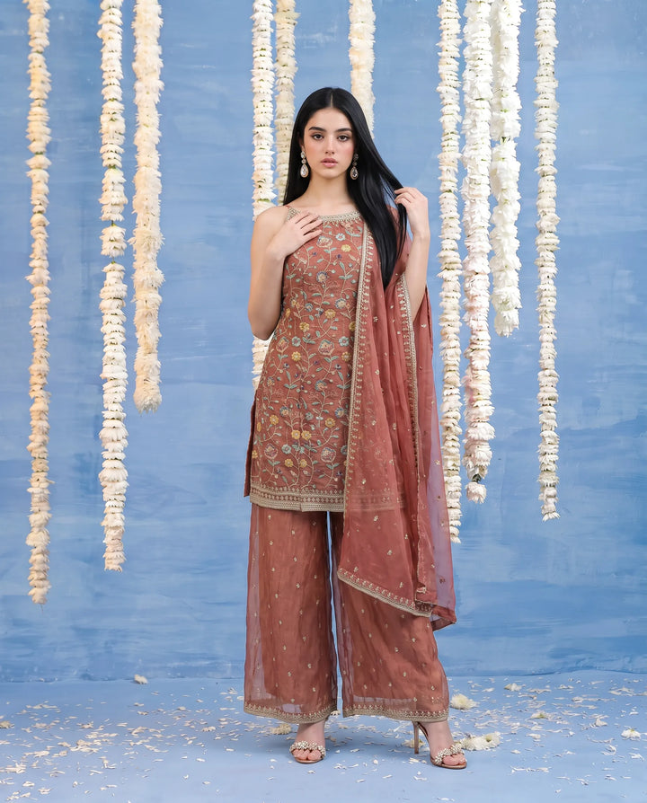 Pink Embroidered Silk Blended Spaghetti Strap Kurta Bottom Dupatta Set