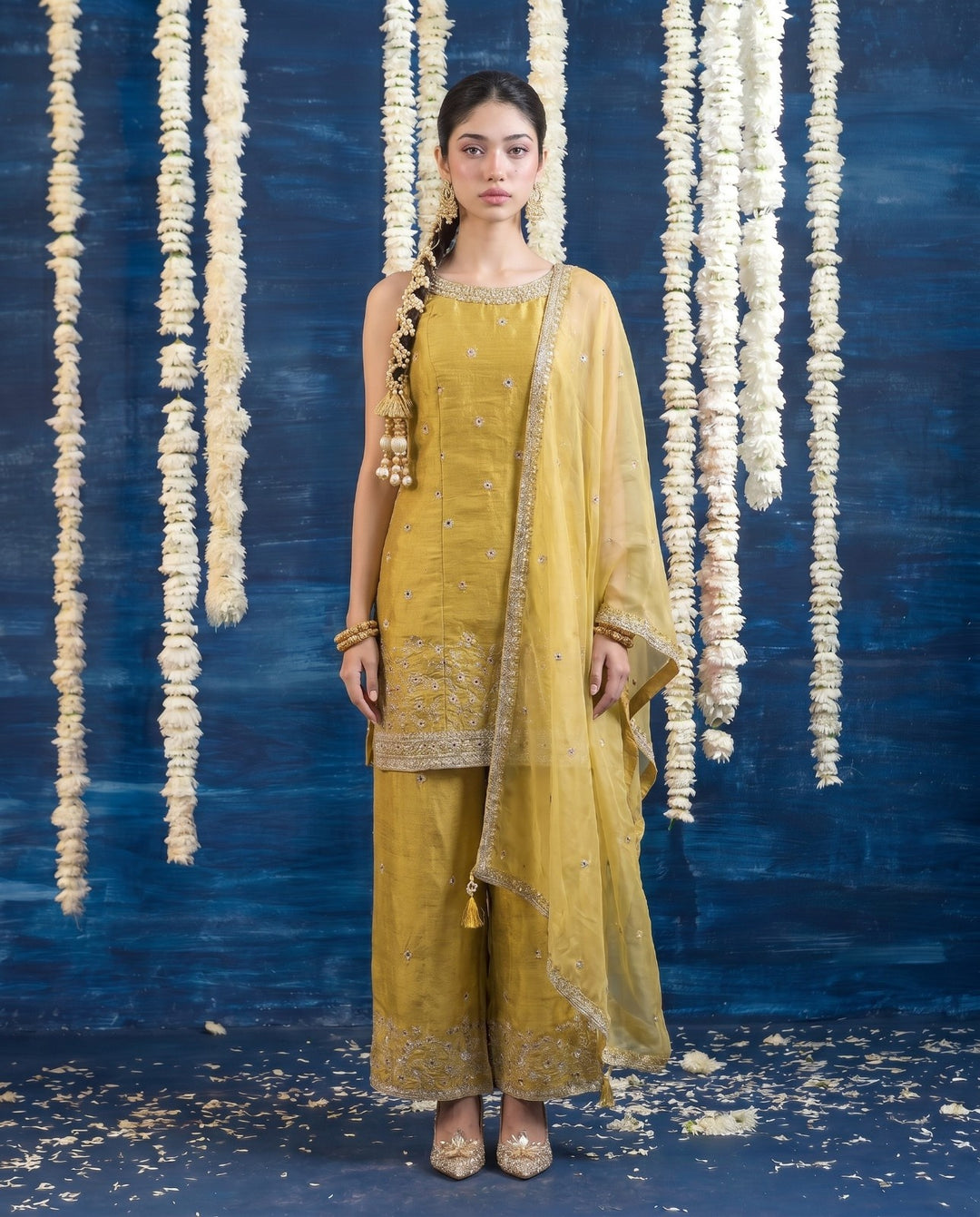 Yellow Embriodered Silk Blended Spaghetti Strap Kurta Bottom Dupatta Set