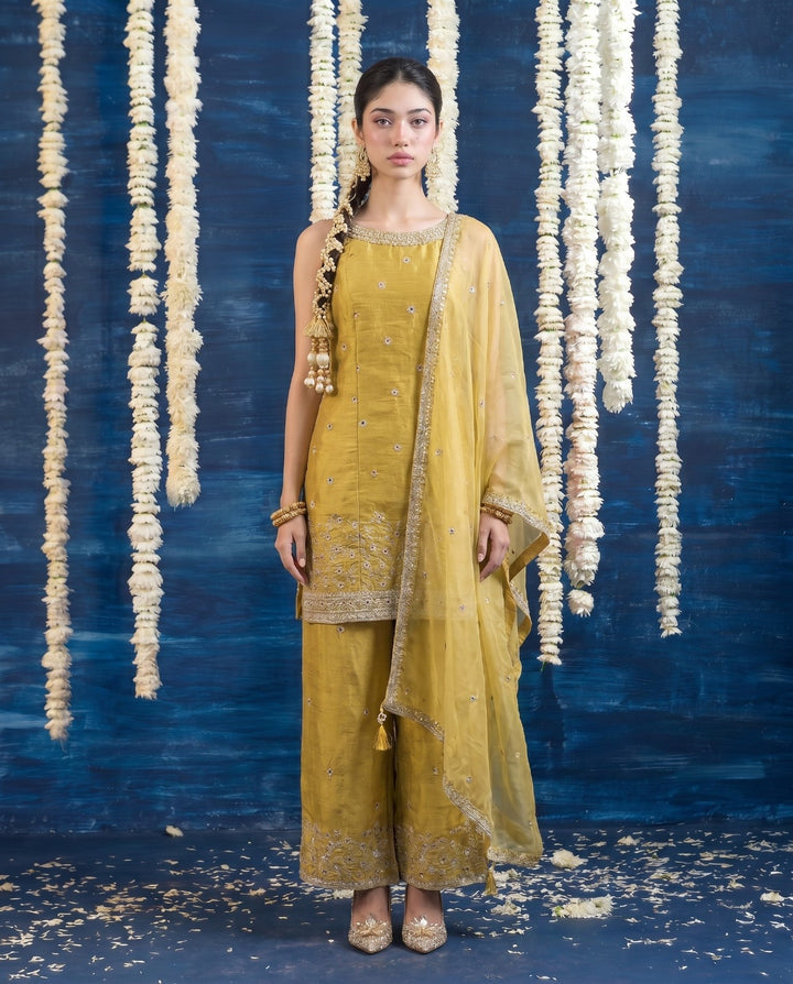 Yellow Embriodered Silk Blended Spaghetti Strap Kurta Bottom Dupatta Set