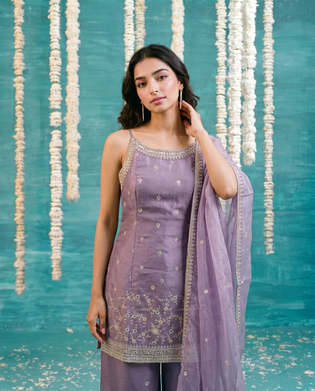 Purple Embriodered Silk Blended Spaghetti Strap Kurta Bottom Dupatta Set