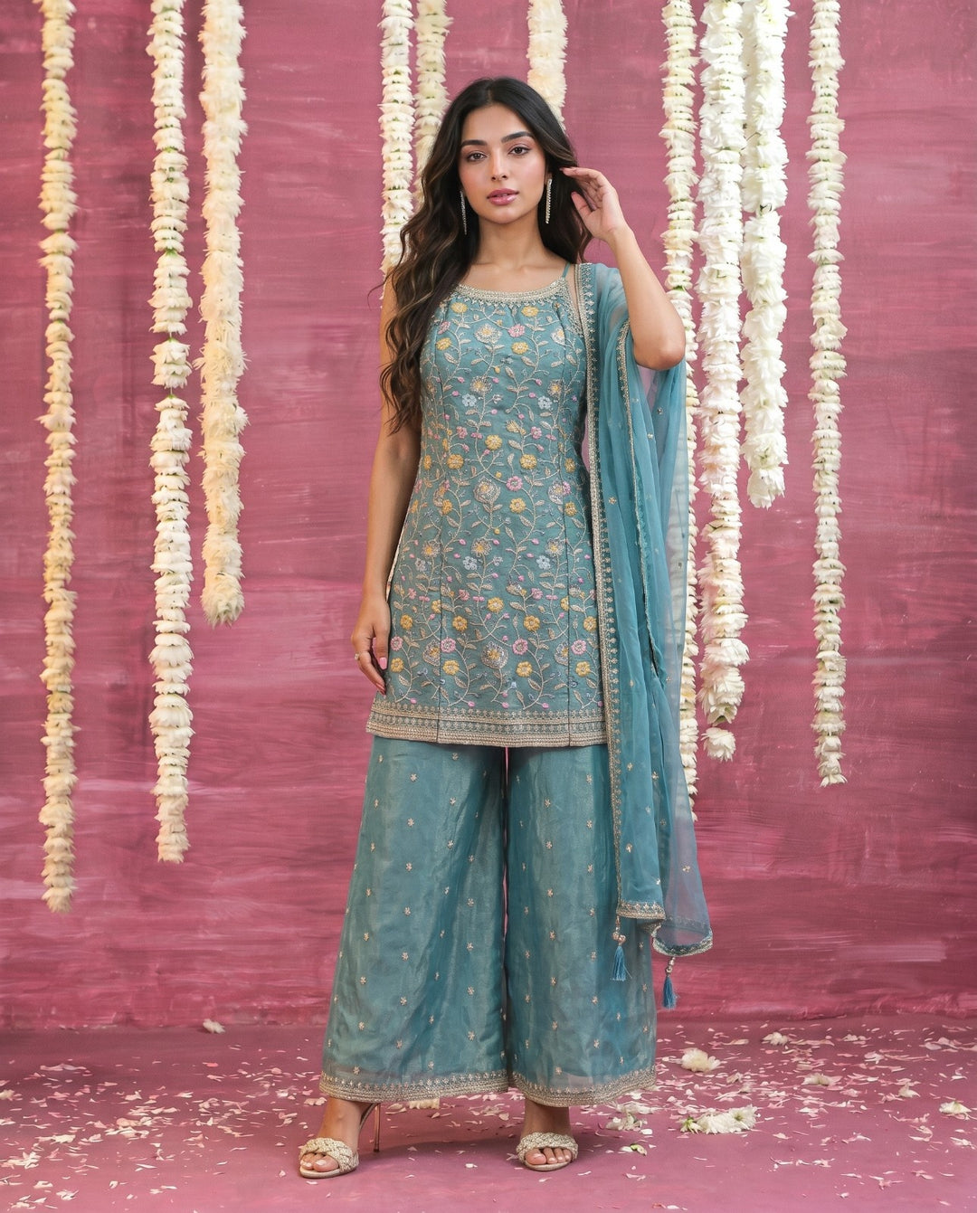 Turquoise Embriodered Silk Blended Spaghetti Strap Kurta Bottom Dupatta Set