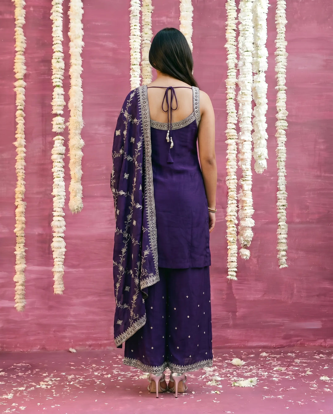 Purple Embriodered Silk Blended Sleeveless Kurta Bottom Dupatta Set