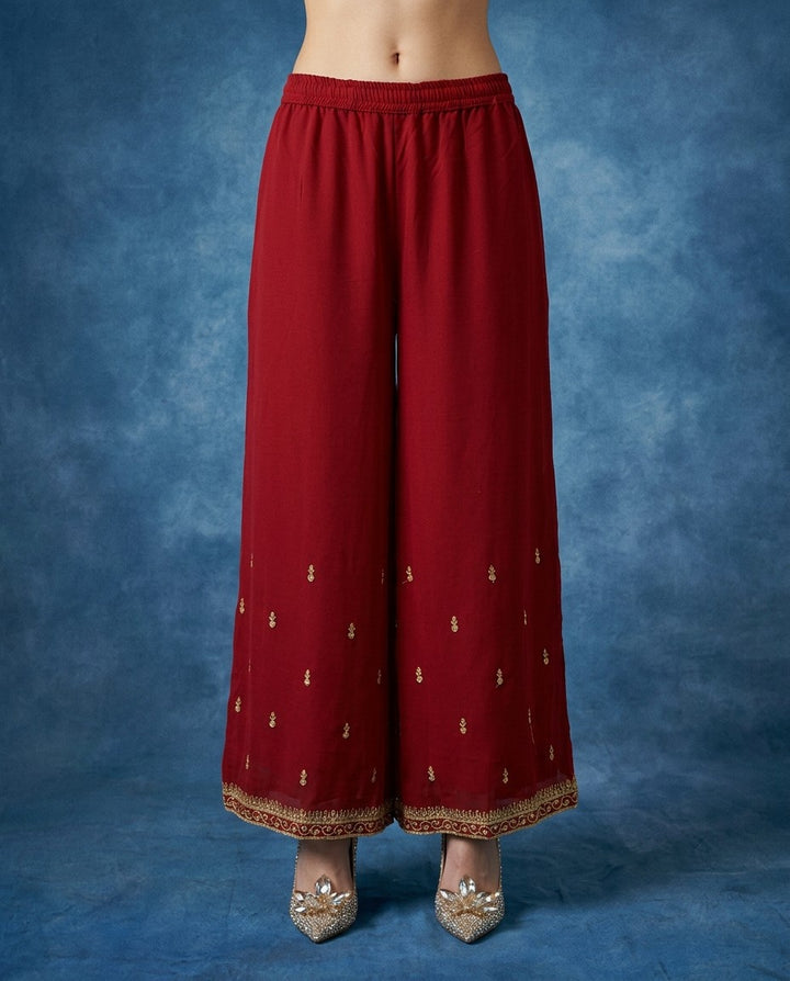 Red Embroidered Silk Blended Kurta Bottom Dupatta Set