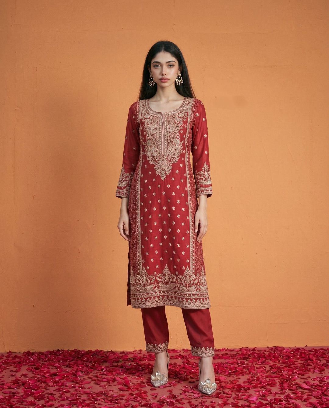 Magenta Embriodered Viscose Blended Kurta Bottom Dupatta Set