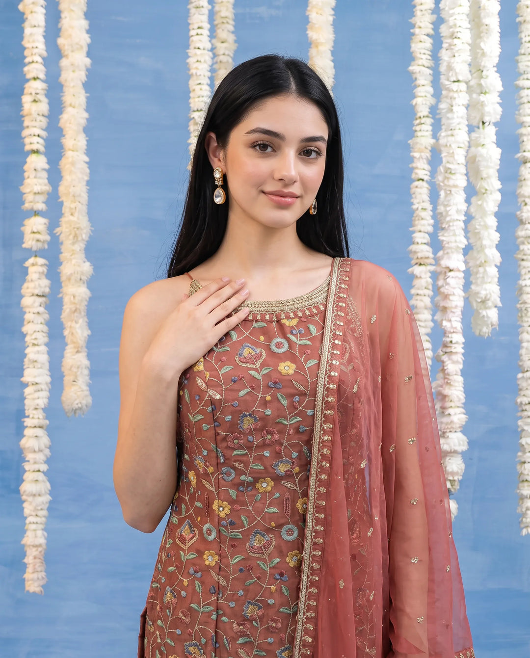 Pink Embroidered Silk Blended Spaghetti Strap Kurta Bottom Dupatta Set