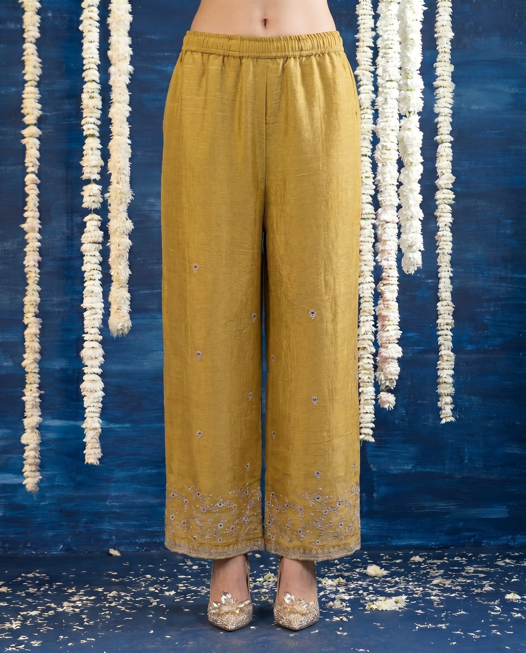 Yellow Embriodered Silk Blended Spaghetti Strap Kurta Bottom Dupatta Set